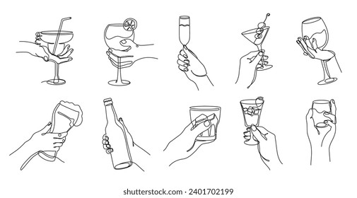 Continua línea anima las manos. Manos lineales levantando varios vasos con bebidas alcohólicas en celebración. Toast de la elegancia conjunto de ilustraciones vectoriales aisladas de esbozo continuo