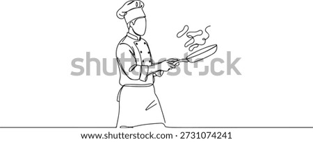 Continuous one line of a chef flipping a pan, symbolizing culinary skills, drawn vector illustration.
