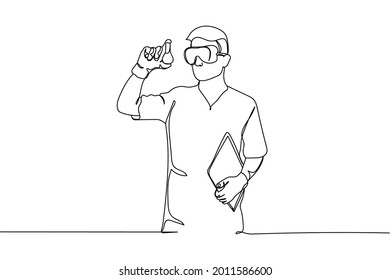 Continuous one line of chemist in laboratory in silhouette on a white background. Linear stylized.Minimalist.