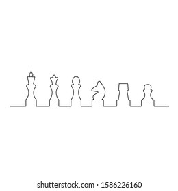 Continuous one line chess piece or chessman. King, Queen, Bishop, Knight, Rook, Pawn. Vector stock illustration.