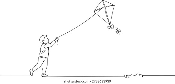 Una línea continua de un niño volando una cometa, que simboliza la libertad y la alegría, dibujó la Ilustración vectorial.