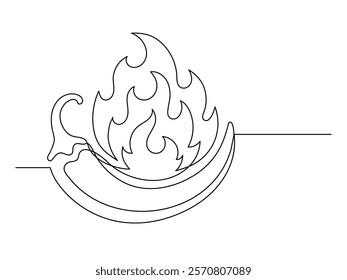 Continuous one line chili pepper with fire isolated on white background. Simple vegetable silhouette. Hand drawn chili pepper outline. Vector illustration