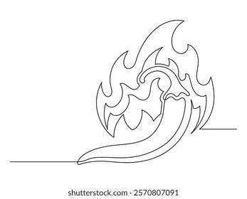 Continuous one line chili pepper with fire isolated on white background. Simple vegetable silhouette. Hand drawn chili pepper outline. Vector illustration