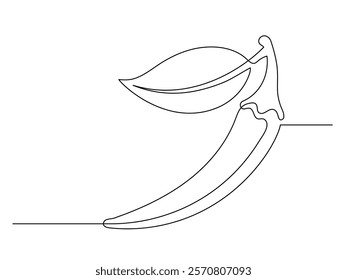 Continuous one line chili pepper with leaf isolated on white background. Simple vegetable silhouette. Hand drawn chili pepper outline. Vector illustration