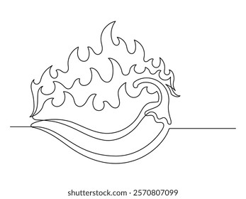 Continuous one line chili pepper with fire isolated on white background. Simple vegetable silhouette. Hand drawn chili pepper outline. Vector illustration