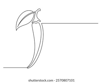 Continuous one line chili pepper with leaf isolated on white background. Simple vegetable silhouette. Hand drawn chili pepper outline. Vector illustration