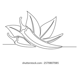 Continuous one line chili peppers with leaves isolated on white background. Simple vegetable silhouette. Hand drawn chili peppers outline. Vector illustration