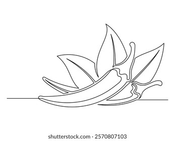 Continuous one line chili peppers with leaves isolated on white background. Simple vegetable silhouette. Hand drawn chili peppers outline. Vector illustration