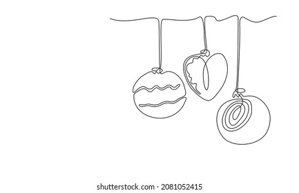 Continuous one line Christmas balls illustration. Holiday line art greeting card with Christmas toys and copy space
