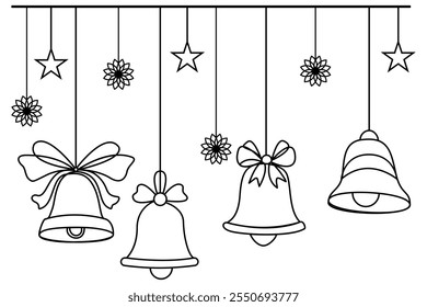 Continuous one line christmas bell drawing and outline editable stroke.