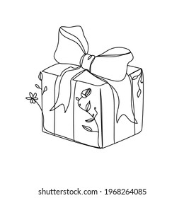 Continuous one line of christmas or birthday gift present box in silhouette. Linear stylized. Minimal style. Perfect for cards, party invitations, posters, stickers, clothing.