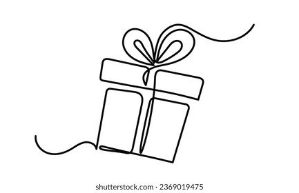 Continuous one line of Christmas, and birthday gift box in a single line.Birthday symbol. suitable for cards, party invitations, posters, stickers, and clothing.Vector isolated on white.
