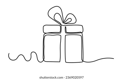 Continuous one line of Christmas, and birthday gift box in a single line.Birthday symbol. suitable for cards, party invitations, posters, stickers, and clothing.Vector isolated on white.
