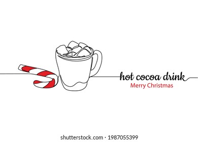 Continua línea de la taza de navidad de cacao caliente con malvaviscos con caramelos de navidad en silueta. Linear estilizado.Minimalista.