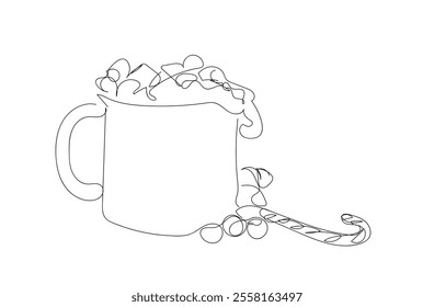 Continuous one line of christmas cup of hot cocoa with marshmallows with christmas candy in silhouette. 
 Linear stylized. Hand made vector not AI 