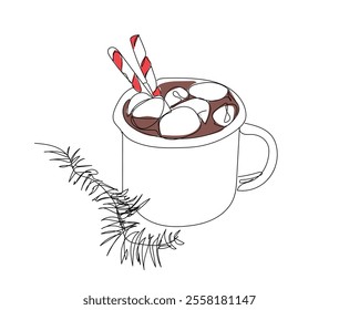 Continuous one line of christmas cup of hot cocoa with  christmas candy  with marshmallows in silhouette. 
 Linear stylized. Hand made vector not AI 