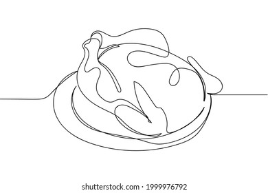Continuous one line of christmas delicious baked chicken on plate in silhouette on a white background. Linear stylized.Minimalist.
