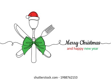 Continuous one line of christmas dinner concept in silhouette. Linear stylized.Minimalist. Merry Christmas and happy new year