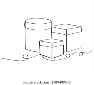 Continuous one line of christmas and new year gift boxes in silhouette. Linear stylized. Minimalist.
