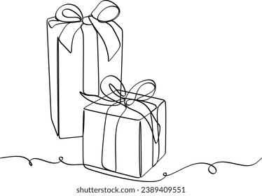 Continua línea de navidad y cajas de regalo de año nuevo en silueta. Linear estilizado. Minimalista.