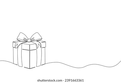 Continuous one line Christmas Present box with ribbon and bow.Vector illustration