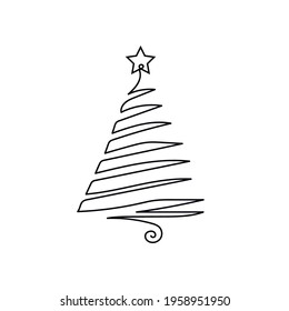 Continuous one line of christmas tree with star in silhouette. Minimal style. Perfect for cards, party invitations, posters, stickers, clothing. Black abstract icon. New Year concept
