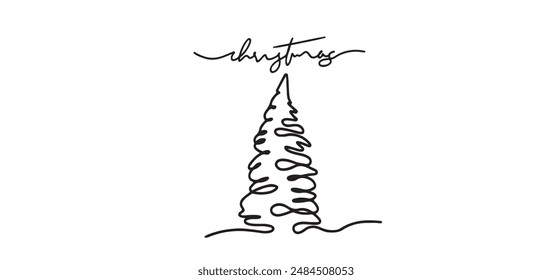Continuous one line Christmas tree.Hand drawn Christmas tree isolated on white background. Linear style.