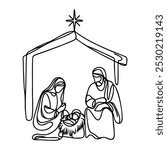 Continuous one line Christmas vector Christian nativity scene of baby Jesus with Mary and Joseph. Bethlehem scene.