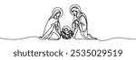 Continuous one line Christmas vector Christian nativity scene of baby Jesus with Mary and Joseph. Bethlehem scene