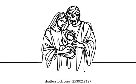 Continuous one line Christmas vector Christian nativity scene of baby Jesus with Mary and Joseph. Bethlehem scene.