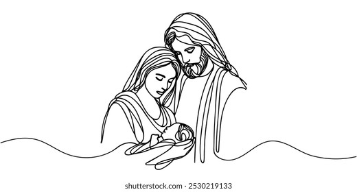 Continuous one line Christmas vector Christian nativity scene of baby Jesus with Mary and Joseph. Bethlehem scene.