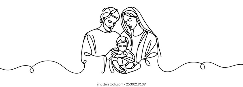 Continuous one line Christmas vector Christian nativity scene of baby Jesus with Mary and Joseph. Bethlehem scene.