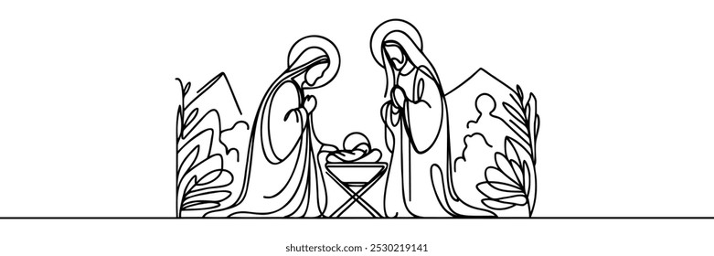 Continuous one line Christmas vector Christian nativity scene of baby Jesus with Mary and Joseph. Bethlehem scene.