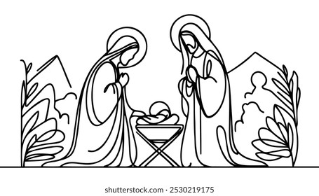Continuous one line Christmas vector Christian nativity scene of baby Jesus with Mary and Joseph. Bethlehem scene.
