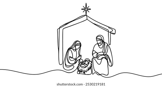 Continuous one line Christmas vector Christian nativity scene of baby Jesus with Mary and Joseph. Bethlehem scene.