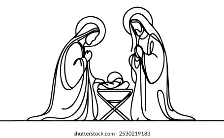 Uma linha contínua vetor de Natal cena de natividade cristã do bebê Jesus com Maria e José. Cena de Belém.