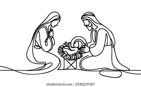 Continuous one line Christmas vector Christian nativity scene of baby Jesus with Mary and Joseph. Bethlehem scene.