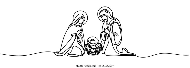 Continuous one line Christmas vector Christian nativity scene of baby Jesus with Mary and Joseph. Bethlehem scene