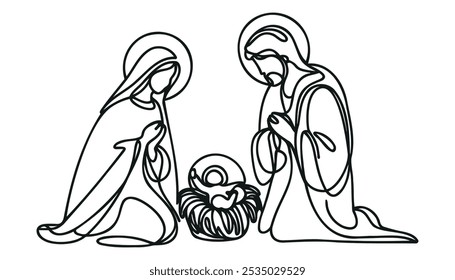 Continuous one line Christmas vector Christian nativity scene of baby Jesus with Mary and Joseph. Bethlehem scene