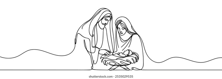 Continuous one line Christmas vector Christian nativity scene of baby Jesus with Mary and Joseph. Bethlehem scene