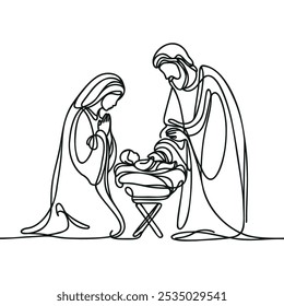 Continuous one line Christmas vector Christian nativity scene of baby Jesus with Mary and Joseph. Bethlehem scene