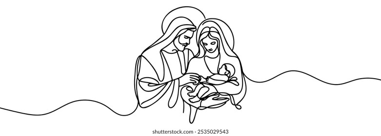 Continuous one line Christmas vector Christian nativity scene of baby Jesus with Mary and Joseph. Bethlehem scene