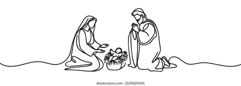 Continuous one line Christmas vector Christian nativity scene of baby Jesus with Mary and Joseph. Bethlehem scene