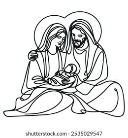 Continuous one line Christmas vector Christian nativity scene of baby Jesus with Mary and Joseph. Bethlehem scene