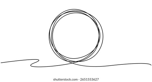 Trazo de círculo continuo de una línea, Marco de círculo dibujado a mano sobre fondo blanco, Dibujo continuo de una línea de un círculo negro garabateado, Dibujo de línea editable continuo de marco redondo. Dibujo de una línea 