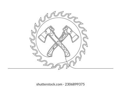 Continuous one line circular blade and axes. Vintage circular blade and axes. isolated on a white background. Carpentry concept. Vector illustration