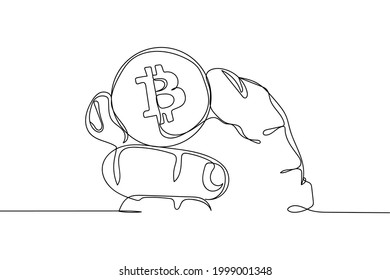 Continuous one line of close up of a hand holding bitcoin in silhouette on a white background. Linear stylized.Minimalist.