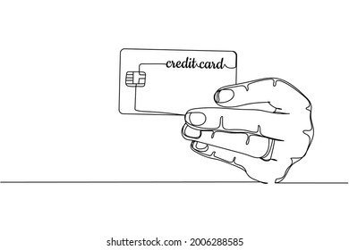 Continuous One Line Of Closeup Hand Takes Off Credit Card For Financial Concept In Silhouette On A White Background. Linear Stylized.Minimalist.