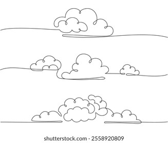 Continuous one line clouds. Minimalist linear fluffy cloud, simple nimbus and decorative sky themed overcast vector horizontal divider illustrations set.