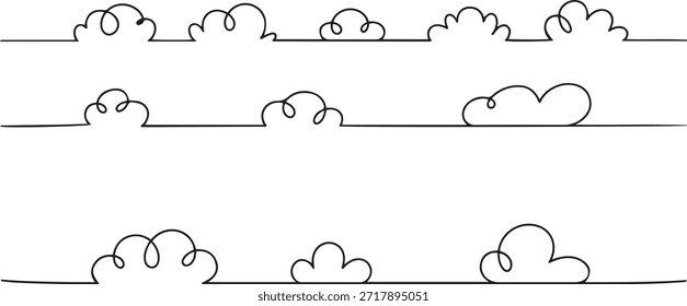 Continuous one line clouds. Minimalist linear fluffy cloud, simple nimbus and decorative sky themed overcast vector horizontal divider illustrations sets. one line Icon drawing
